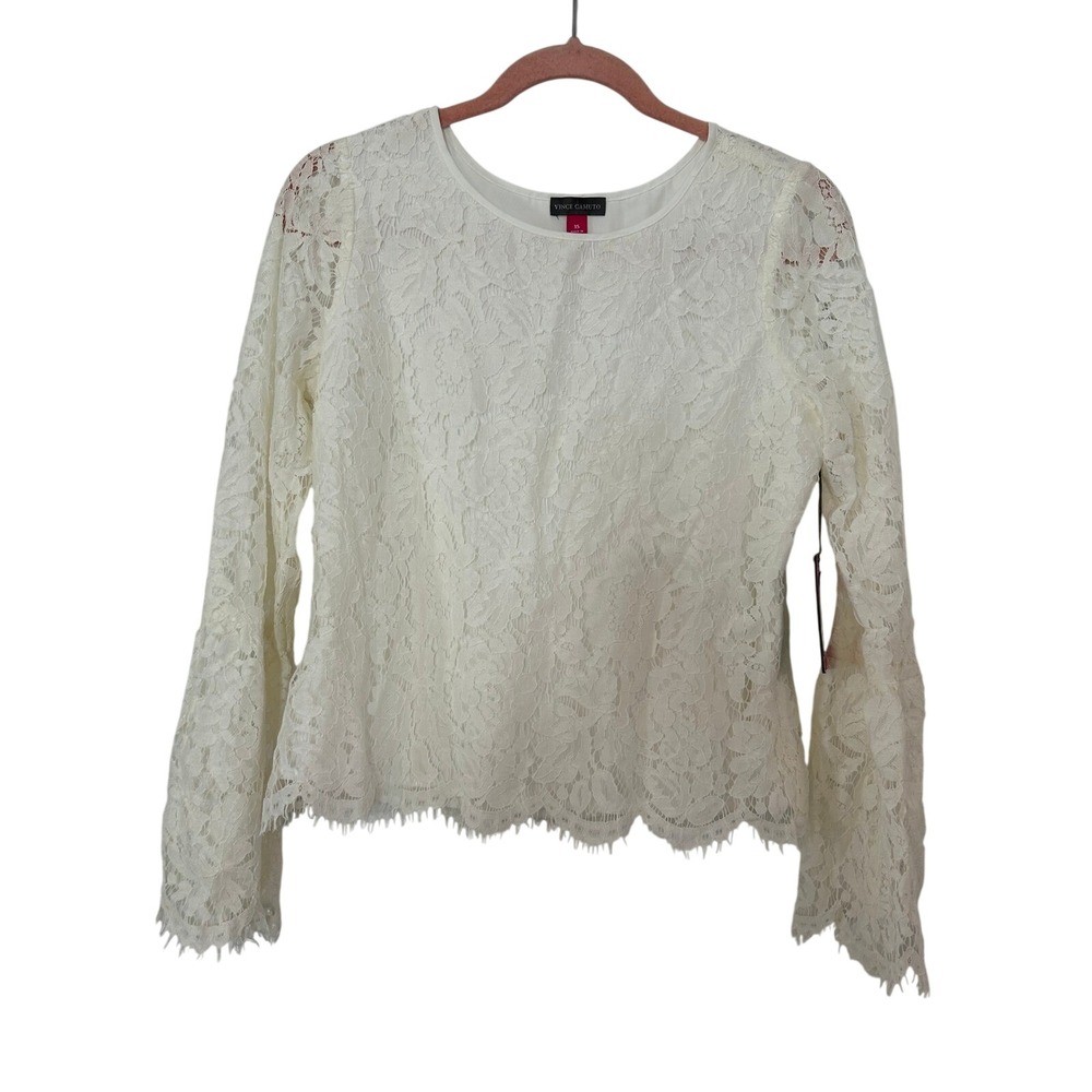 NEW Vince Camuto Lace Blouse Ivory Crew Neck Sheer XS Coquette Bell‎ Sleeve